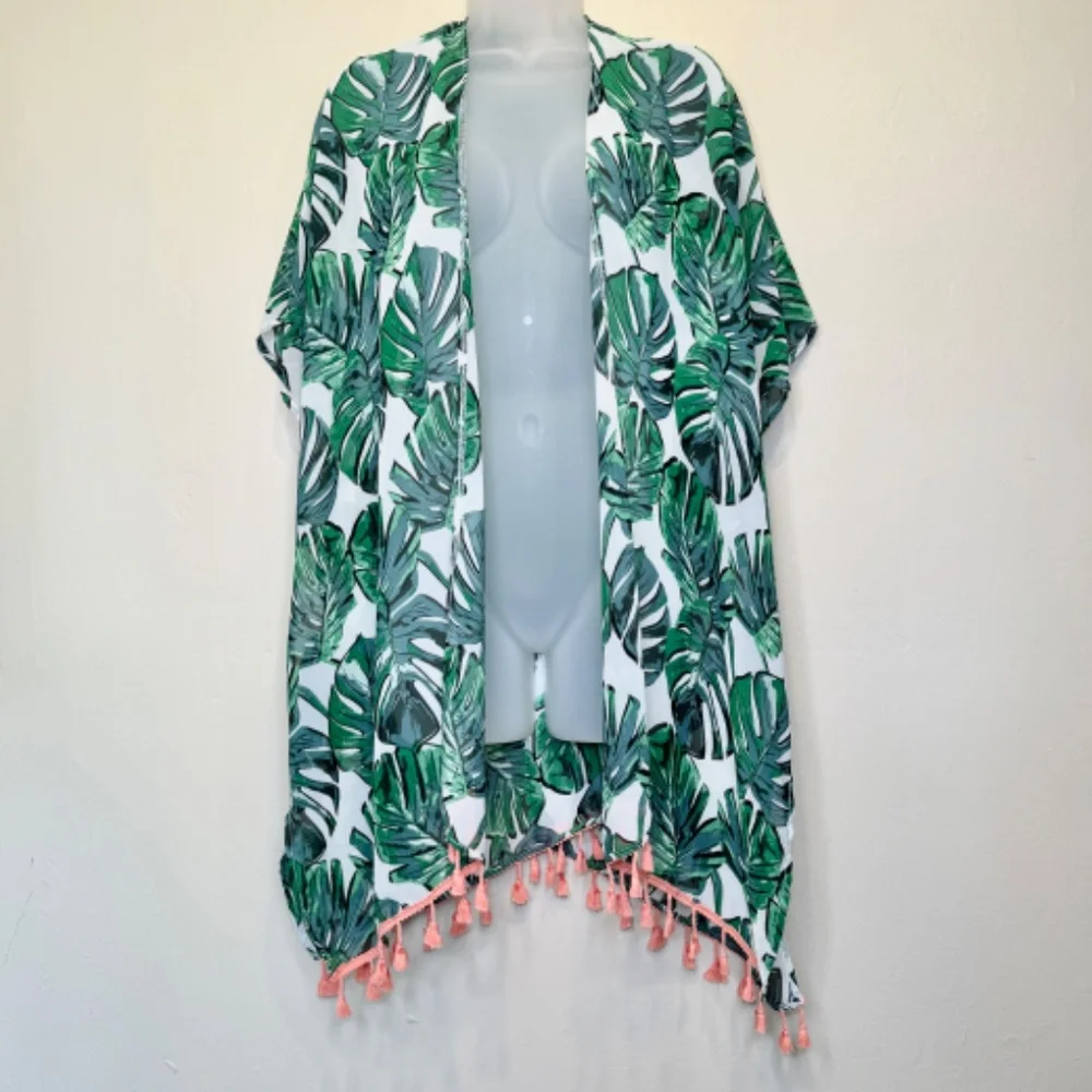 Monstera Palm Print Tropical Botanical Pattern Tassel Sheer Open Front Kimono